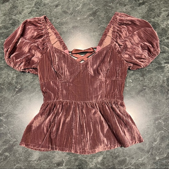 Anthropologie Tops - Anthropologie Top Peplum Lace-Up Velvet Blouse Porridge NWT